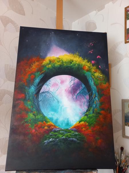 Okiem na Wszechswiat- obraz akrylowy, wykończony satynowym werniksem na bawełnianym krośnie, Rozm. 70x100, Rok 2024