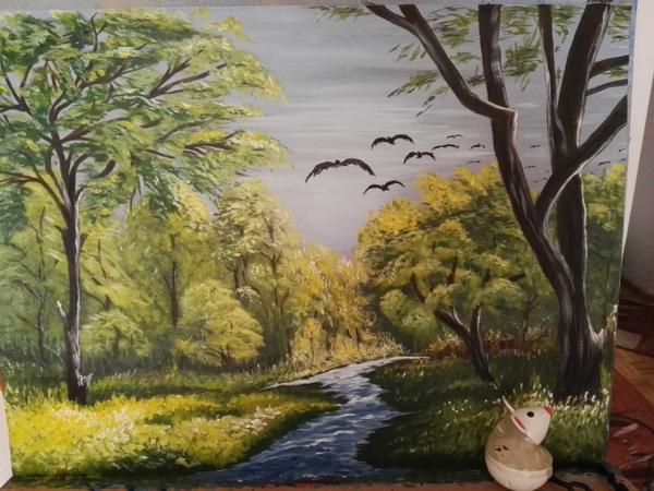 "Las" Pierwszy obraz namalowany na kartonie,Rozmiar 50x60, Rok 2017