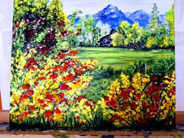 "Górski pejzaż " krosno bawełniane, farby akrylowe, wykończenie werniksem, Rozm 20x30, Rok 2018