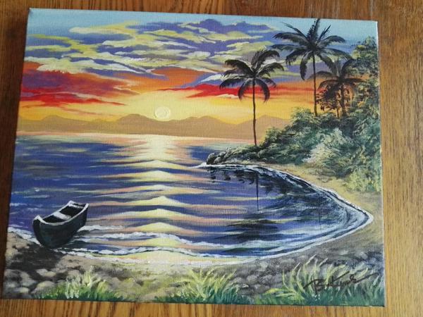 "Czar tropiku" krosno bawełniane, farby akrylowe, wykończenie satynowym werniksem, Rozm  30x40, Rok 2018