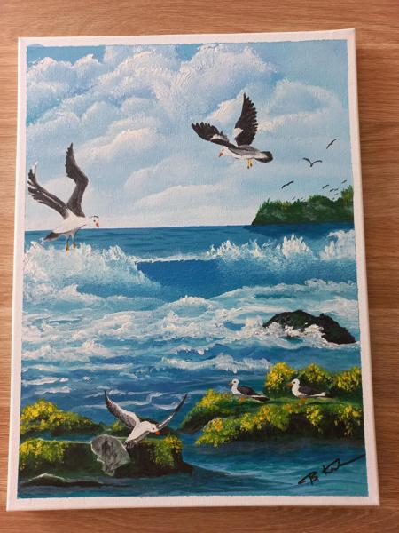 "Mewy" krosno bawełniane, farby akrylowe, wykończenie werniksem, Rozm 30x40, Rok 2018