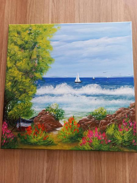 "Żaglówki" Krosno bawełniane, farby akrylowe, wykończenie werniksem, Rozmiar 50x60 cm, Rok 2020