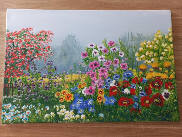 "Kwiecisty ogród "Krosno bawełniane, farby akrylowe, wykończenie werniksem, Rozm 50x60, Rok 2020