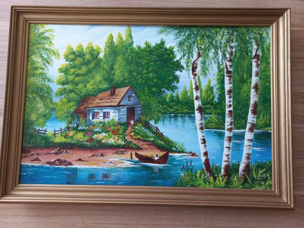 "Nad jeziorem" krosno bawełniane, farby akrylowe, wykończenie werniksem, Rozm 50x70, Rok 2020