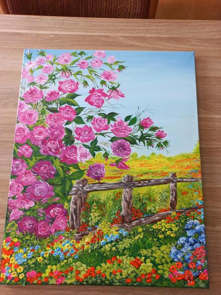 "Różana krzew" krosno bawełniane, farby akrylowe, wykończenie werniksem, Rozm 50x70, Rok 2020