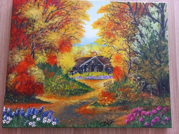 "Leśny zajazd "krosno bawełniane, farby akrylowe, wykończenie werniksem, Rozm.40x50, Rok 2020