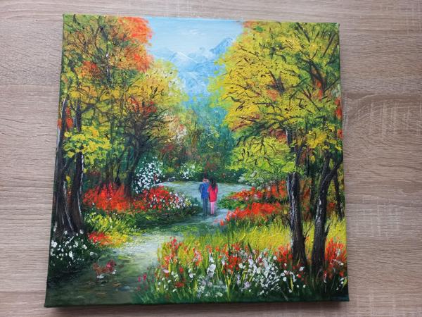 "Jesienny spacer" krosno bawełniane,farby akrylowe,wykończenie satynowym werniksem, Rozmiar 30x30 cm, Rok 2021