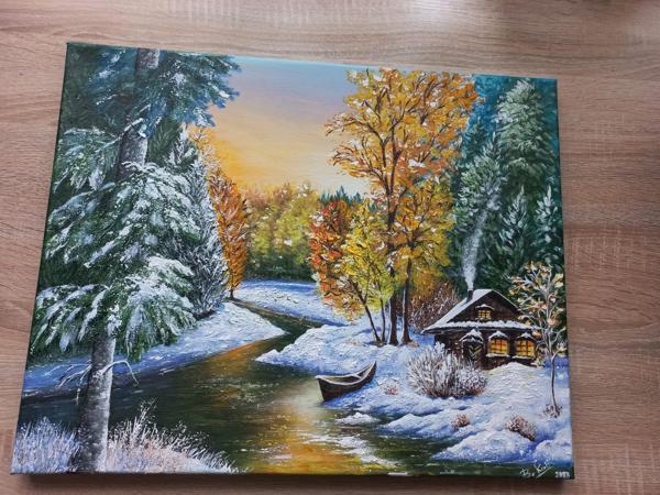 "Jesień z zimą się przeplata" Krosno bawełniane,farby akrylowe,wykończenie werniksem, Rozmiar 40x50 cm, Rok 2021