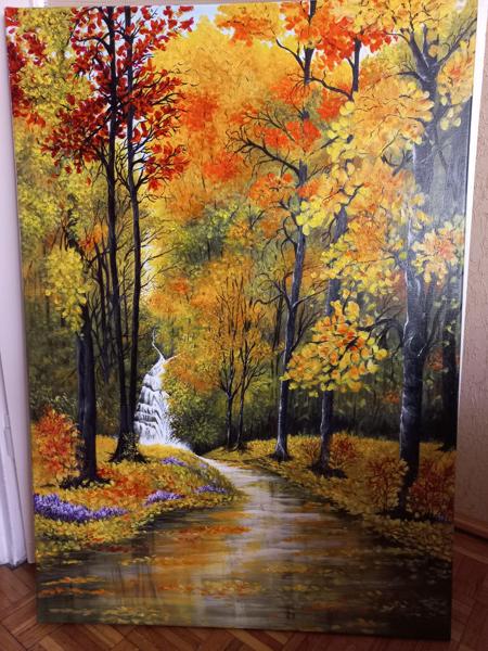 "Kolory jesieni" Krosno bawełniane,farby akrylowe,wykończenie werniksem, Rozmiar 80x100 cm, Rok 2021