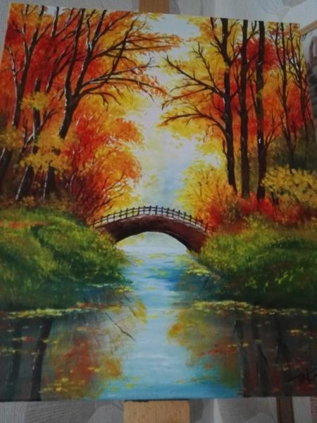 "Barwy jesieni "krosno bawełniane, farby akrylowe, wykończenie satynowym werniksem, Rozm.60x80, Rok 2021