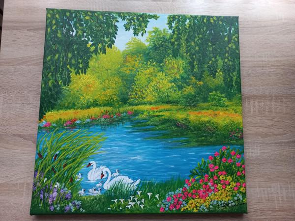 "Łabędzia rodzina" krosno bawełniane, farby akrylowe, wykończenie satynowym werniksem, Rozm 50x50, Rok 2021