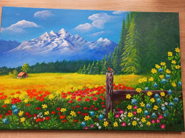 "Górska łąka " krosno bawełniane, farby akrylowe, wykończenie satynowym werniksem, Rozm 40x60, Rok 2021