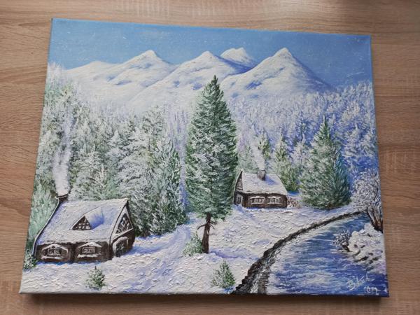 "Zimowy krajobraz" krosno bawełniane, farby akrylowe, wykończenie satynowym werniksem, Rozm 40x50, Rok 2022
