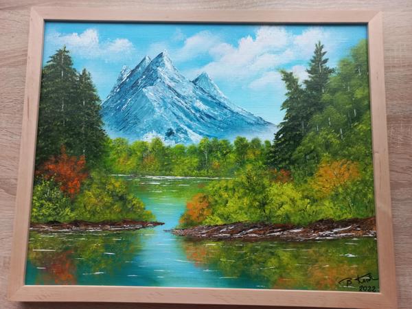 "Alpy" krosno bawełniane, zastosowanie masy plastycznej  farby akrylowe,wykończenie satynowym werniksem, Rozm 40x50, Rok 2022