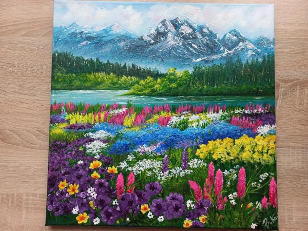 "Alpejska łąka "krosno bawełniane, farby akrylowe, wykończenie satynowym werniksem, Rozm 30x40, Rok 2022