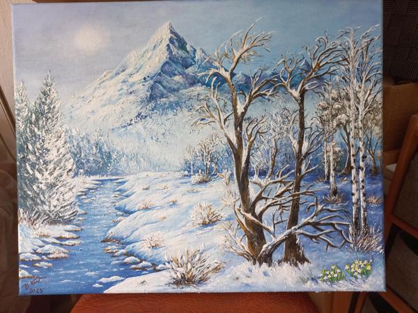 "Wysokie góry-zima" krosno bawełniane, masa plastyczna,farby akrylowe, wykończenie satynowym werniksem, Rozm 40x50, Rok 2022