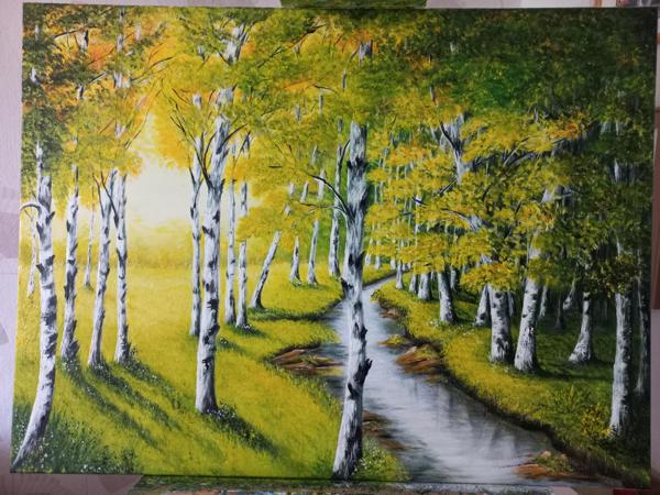 "Brzozowy las" krosno bawełniane, zastosowanie masy plastycznej i szpachelki,farby akrylowe, wykończenie satynowym werniksem, Rozm.60x80, Rok 2023