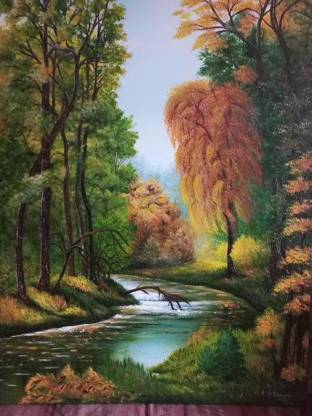 "Jesienna refleksja" obraz akrylowy wykończony podwójnym werniksem satynowym, Rozm 60x80 Rok 2023