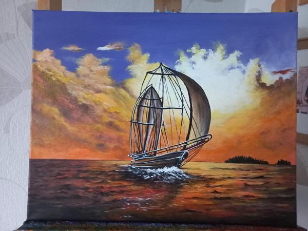 "Ocean o zachodzie słońca" - obraz akrylowy,wykończony werniksem, Krosno bawełniane, Rozm 40x50cm, Rok 2023