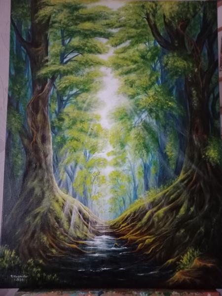 "Historia pewnych drzew" - obraz malowany farbami akrylowymi, wykończony satynowym werniksem, Podobrazie bawełniane, Rozm 60x80cm, Rok 2024