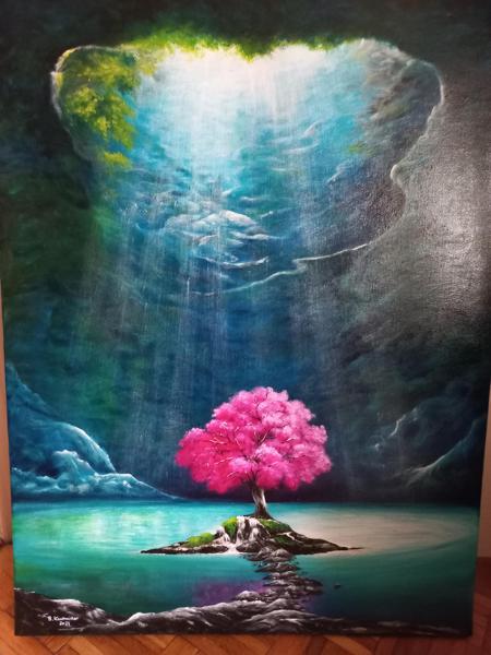 Nieznany swiat - obraz akrylowy, wykończony werniksem, Krosno bawełniane, Rozm.60x80cm, Rok 2024