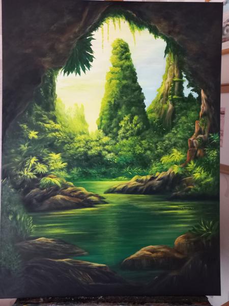 Głębia dzikiej przyrody - obraz akrylowy ,wykończony werniksem Krosno bawełniane Rozm 60x80 Rok 2024