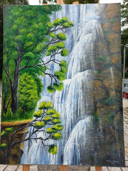 Wodospad - obraz akrylowy, wykończony werniksem Krosno bawełniane Rozm 60x80 Rok 2024