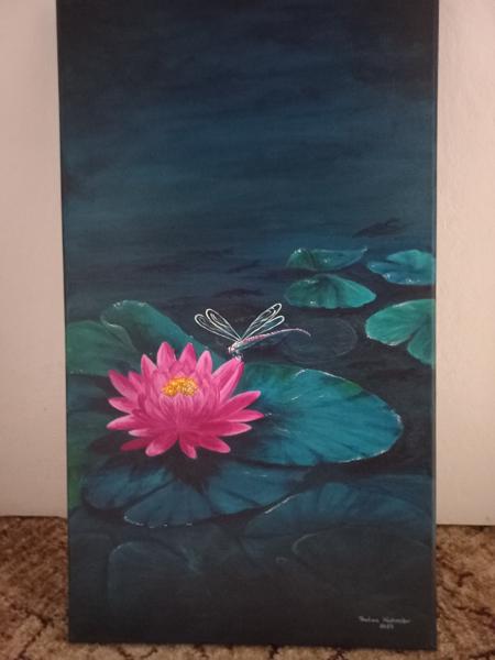 Nanufar w relacji z ważka-obraz akrylowy, wykończony werniksem Krosno bawełniane Rozm.40x70 Rok 2024