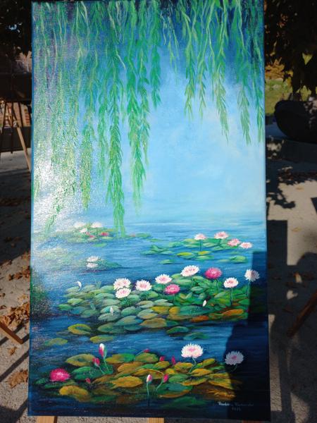 Nenufary-obraz akrylowy wykończony werniksem Krosno bawełniane Rozm 40x70 Rok 2024