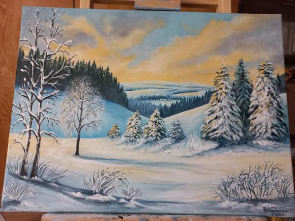 Romantyzm zimy-obraz akrylowy, wykończony satynowym werniksem na bawełnianym krośnie, Rozm.30x40, Rok 2024