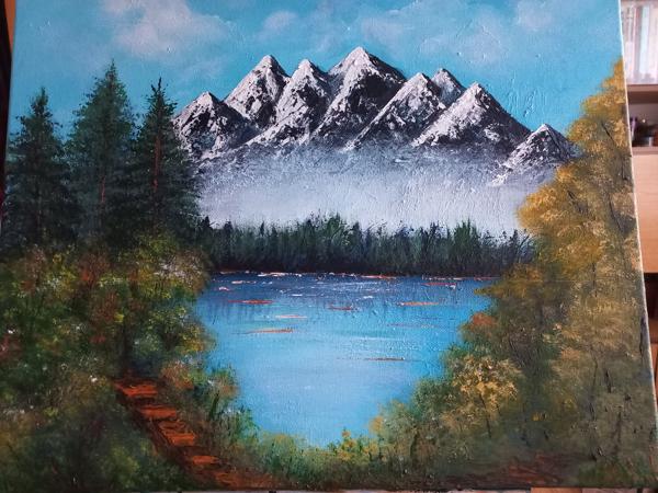 Pejzaż górski- obraz akrylowy, wykończony satynowym werniksem na bawełnianym krośnie, Rozm 40x50 cm, Rok 2025