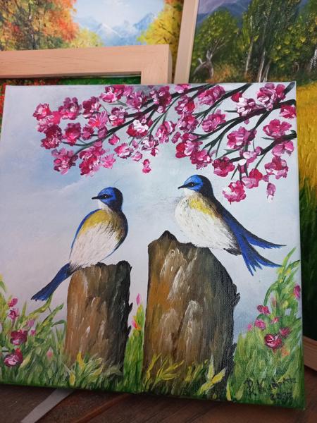 Sikorki,krosno bawełniane, farby akrylowe, wykończenie werniksem,Rozm.20x20, Rok 2023