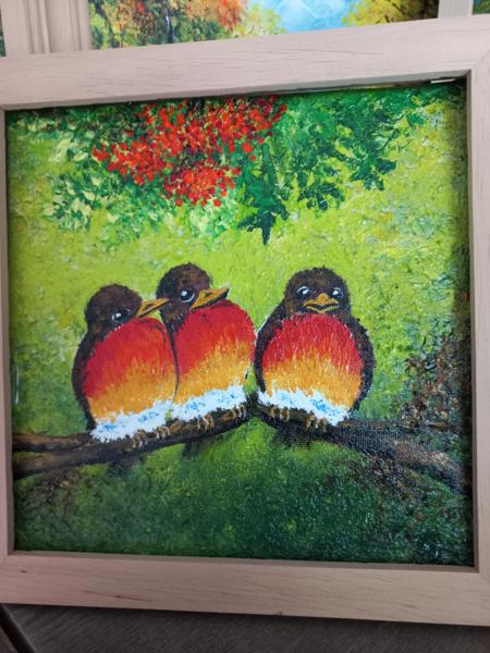 Dowcipne gile,krosno bawełniane, farby akrylowe, wykończenie werniksem, Rozm 20x20, Rok 2023