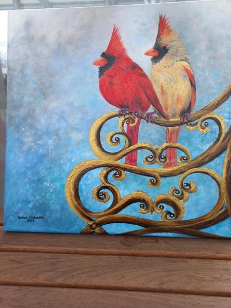 "Kardynal szkarlatny,nierozłączna para" - obraz akrylowy, wykończony werniksem, Krosno bawełniane, Rozm.40x40cm, Rok 2024